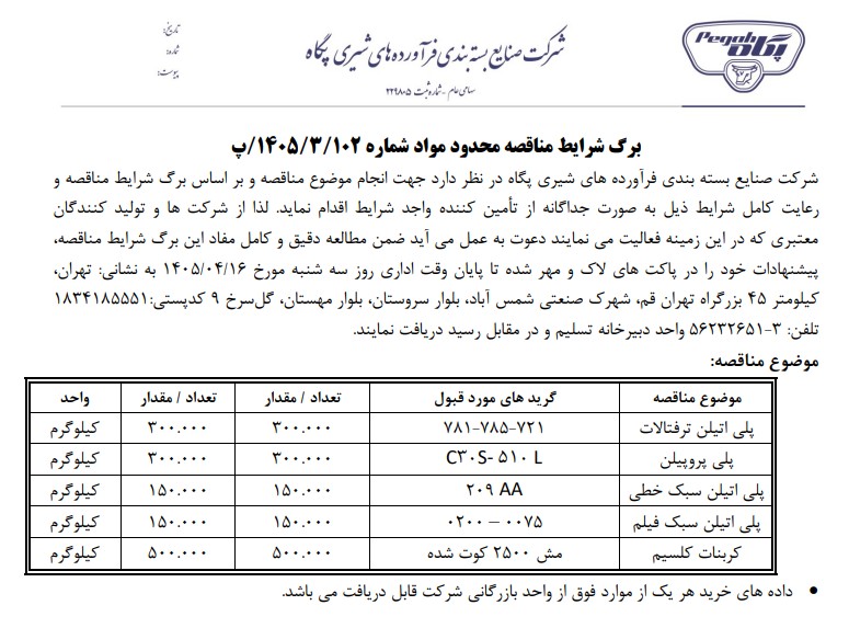 شرکت صنایع بسته بندی فرآورده های شیری پگاه –  پلی اتیلن ترفتالات – پلی پروپیلن – پلی اتیلن سبک خطی – پلی اتیلن فیلم – کربنات کلسیم